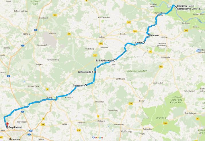Strecke von Dömitz nach Hannover