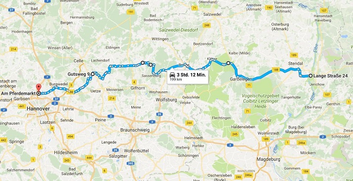 Strecke von Tangermünde nach Hannover